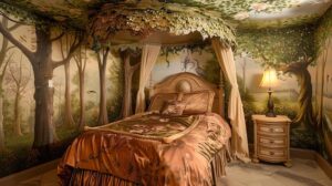 Um Quarto Aconchegante Com Paredes Temáticas De Floresta Pintadas Com Uma Paisagem Florestal Cênica. A Cama é Adornada Com Um Dossel Feito De Flores E Folhas, Criando Uma Atmosfera íNtima E Inspirada Na Natureza.