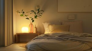 Um Quarto Minimalista E Aconchegante Com Uma Suave E Quente Luz Natural Iluminando O Espaço, Com Uma Cama Bem Arrumada, Roupas De Cama Macias E Uma Decoração Simples.