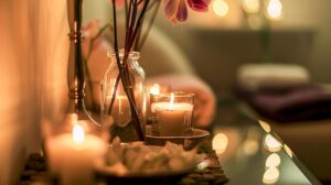 Um Ambiente De Spa Sereno, Apresentando Uma áRea De Massagem Aconchegante Iluminada Por Uma Suave Luz De Velas, Criando Uma Atmosfera Relaxante.