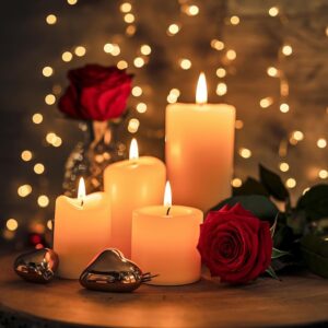 Ambiente Romântico, à Luz De Velas, Com Rosas E Decorações Em Formato De Coração Para O Dia Dos Namorados.